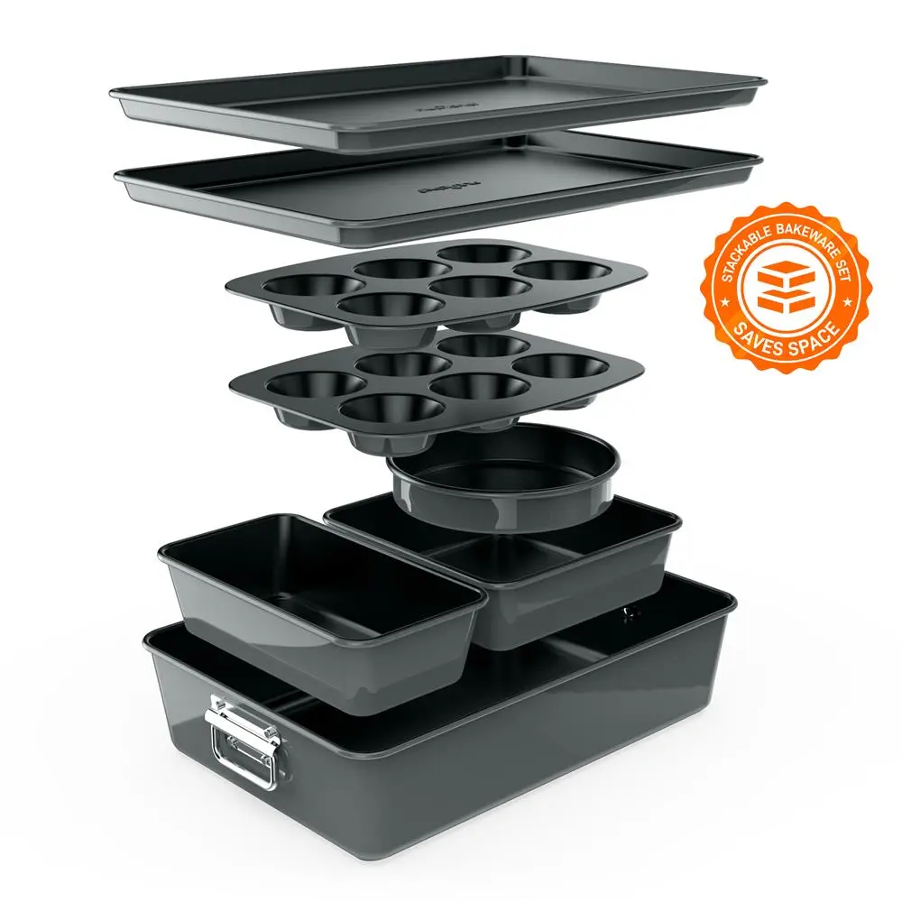 Nutrichef 8-Piece Non-Stick Multi-Cavity Bakeware Set - Gray Food Grade Carbon Steel, Space-Saving Stackable with Wide Tray Pan Design, Cookie Sheet, Muffin, Loaf, Round, Square & Deep Cake Pans, Dishwasher Safe, Ideal for Pastry Dessert & Sweet Treats