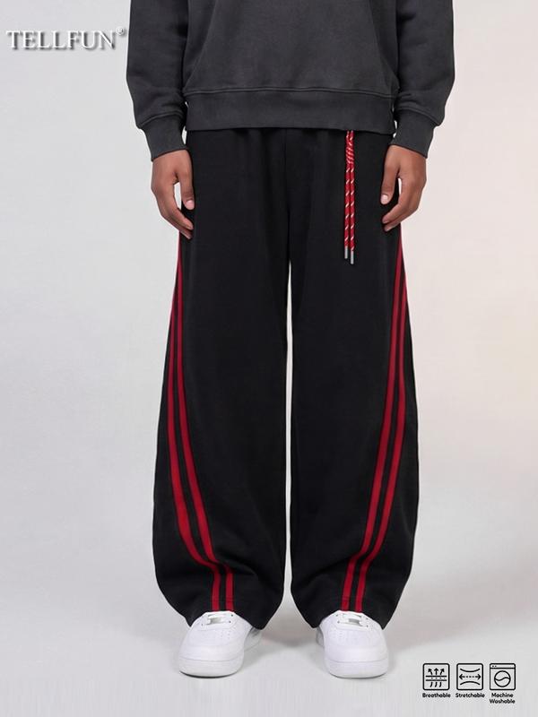 TELLFUN Men's Baggy Sweatpants - Y2K 2000s Vintage Woven Wide-Leg Joggers with Side Stripes, Elegant Unisex Oversized Casual Streetwear for Everyday Loungewear, Summer Vibes Men's Bottoms