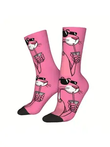 BIIHUDU Panther Socks - Vibrant Pink Full-Body Print with Fashion Glasses & Bubble Tea Design, Polyester Novelty Socks for Me