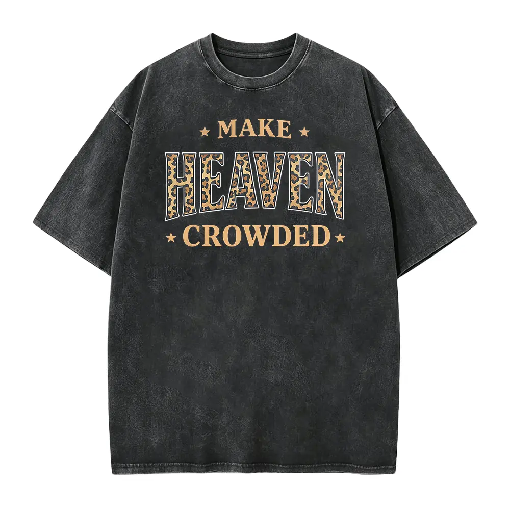 Men's Cotton Short-Sleeve Casual T-Shirt - Seamless Fabric, "Make Heaven Crowded" Faith Quote, Christian Leopard Print Sublimation, Retro Religious Inspirational Bible Verse Design