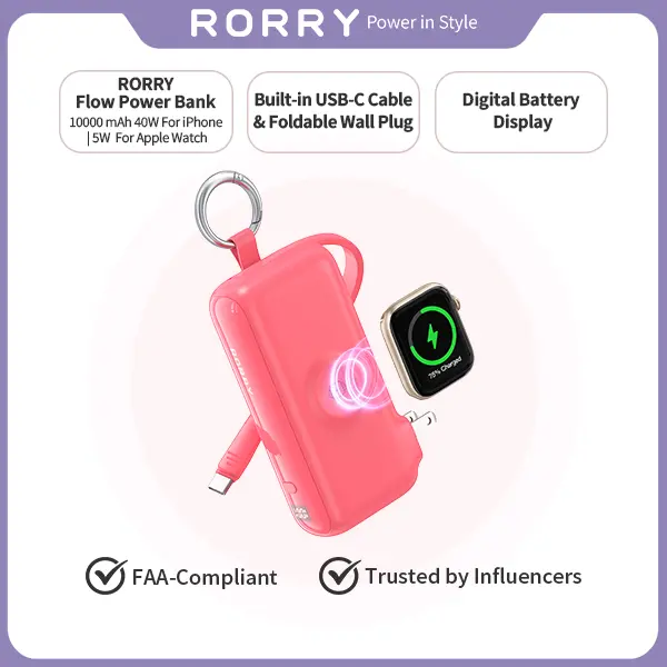 RORRY Flow 10000mAh 40W Fast Charging Power Bank Built-in USB-C Cable Foldable Plug for Apple Devices MacBook Travel Essentials summervibes summerwins