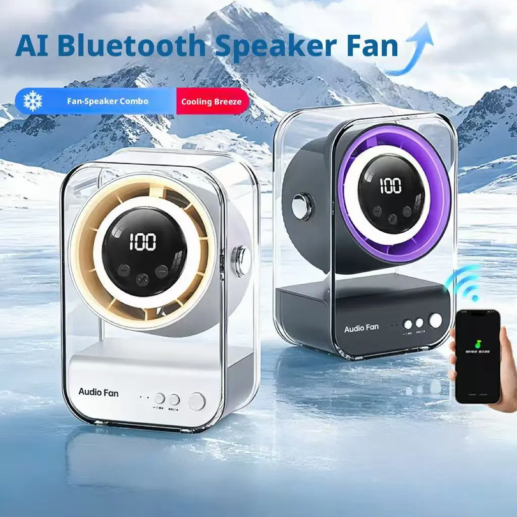 2-in-1 Bluetooth Speaker Fan USB Rechargeable Desktop Air Circulator with 7 Blade Turbo Cooling Night Light for Home Office Camping