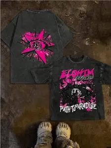 Vintage Unisex Cotton T-Shirt Plus Size 1 Piece Pink T-Shirt Men's Street Retro Hip-Hop Y2K Double-Sided Printed Pattern Washed Cotton T-Shirt Short-Sleeved Shirt Made in USA