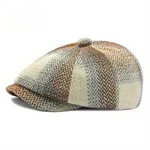 Unisex Lightweight Retro British Beret Hat with Herringbone Pattern - Spring Autumn Winter Beanie for Men & Women, Multi-Color Options, Hand Wash/Dry Clean