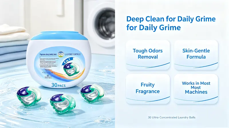 4-in-1 Power Fruity Scented Household Laundry Detergent Pre-Measured Capsule Pods (30 Pieces) - Concentrated, Deep-Cleaning, Skin-Gentle, Color Protection Agent, Laundry Odor Eliminator, Easy Machine Wash Balls & Discs