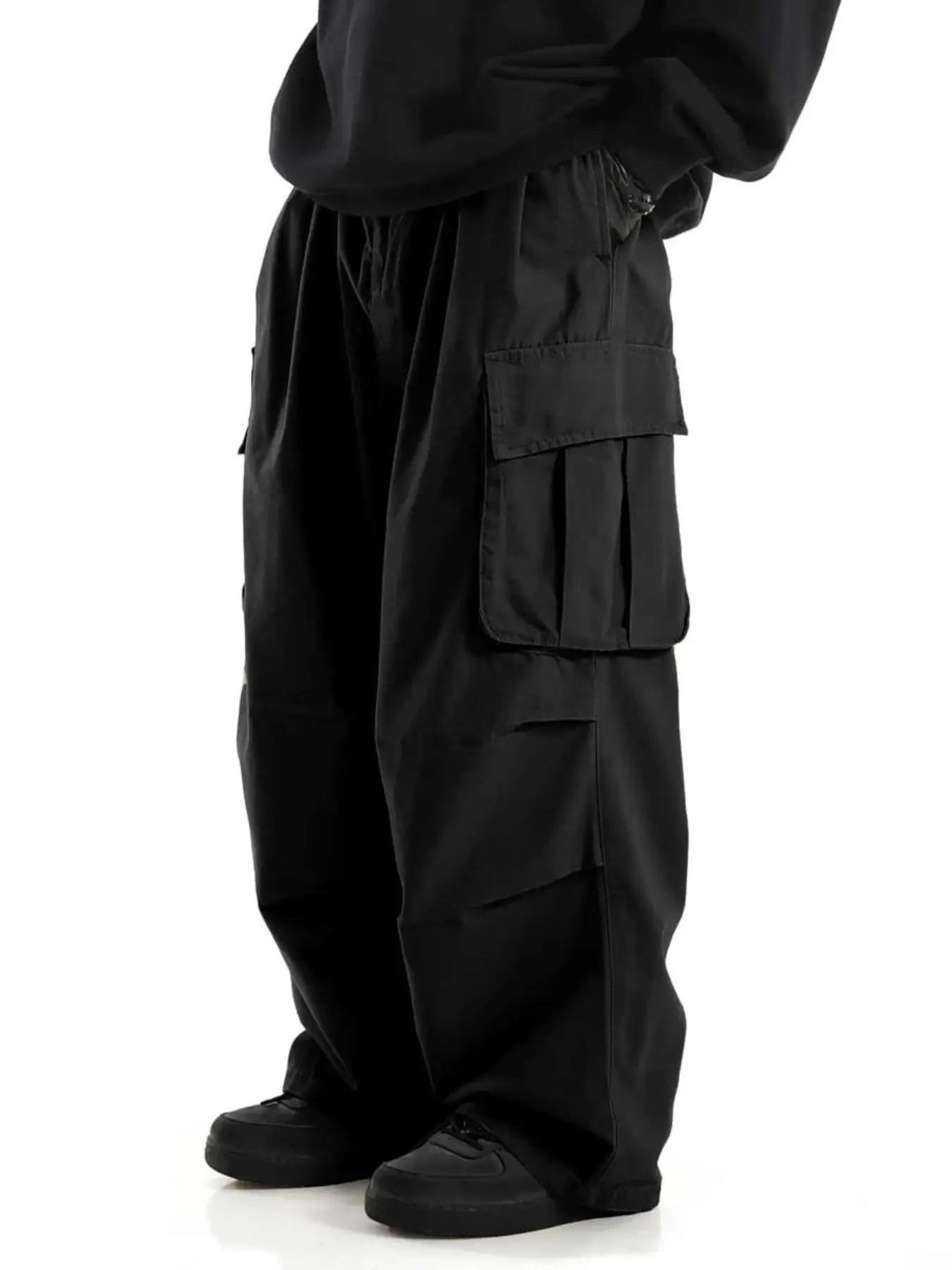 Men's Regular Fit Solid Drawstring Cargo Pants, National Day Clothing, Casual Pocket Elastic Waist Trousers for Daily Wear, Streetwear Men's Bottoms f