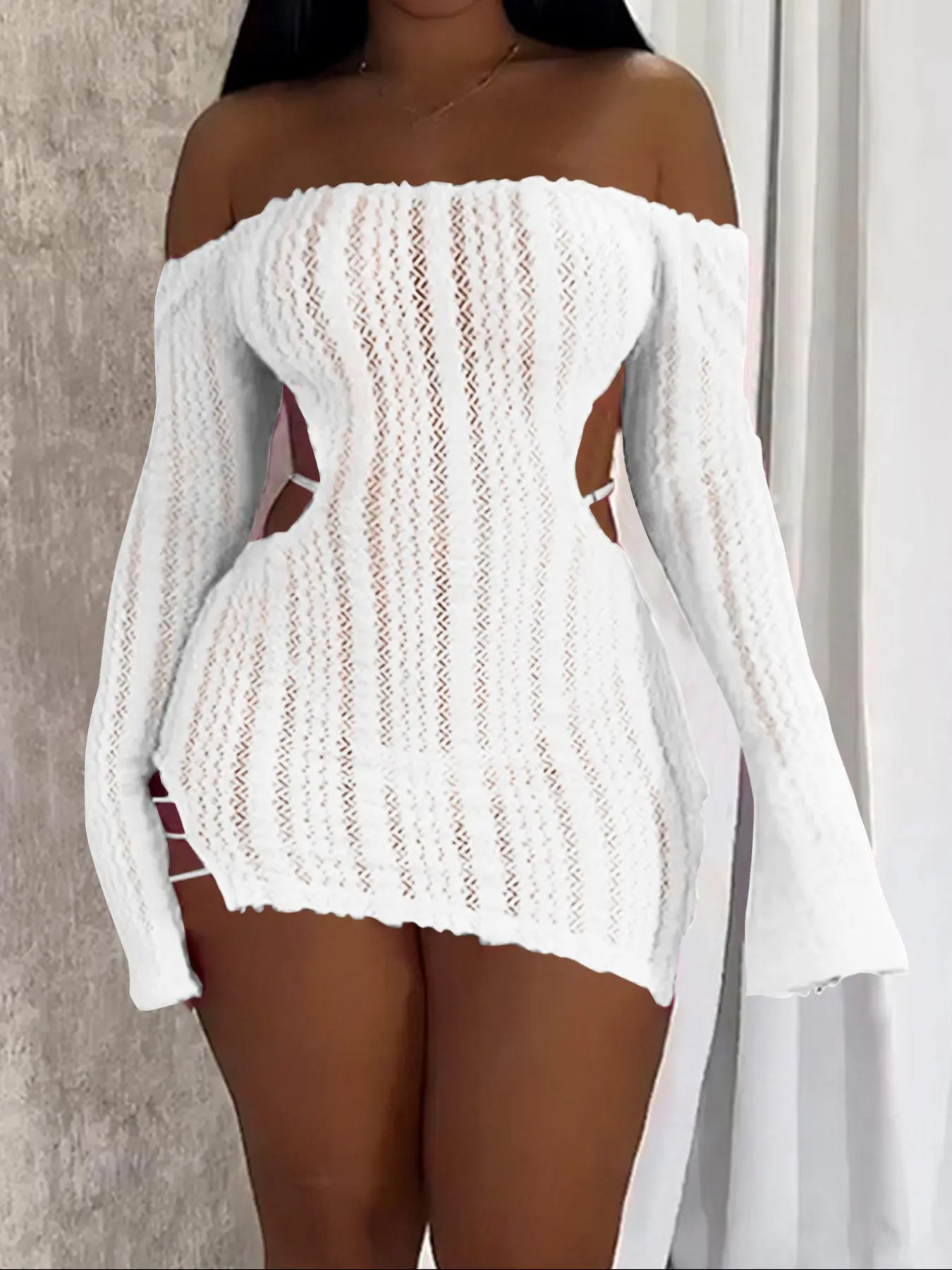 Women White Lace Mini Dress Off Shoulder Long Sleeve Sheer Crochet Knit Bodycon Cut Out Side Women White Lace Mini Dress Off Shoulder Long Sleeve Sheer Crochet Knit Bodycon Cut Out Side