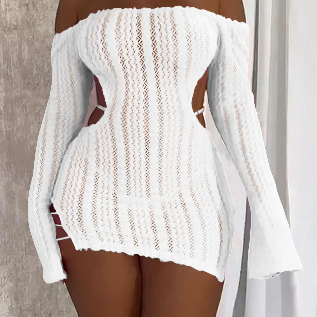 long sleeve backless bodycon mini dress in white knit Women Lace Cutout Dress Off Shoulder Sheer Crochet Cut nyla_collection_189452353624