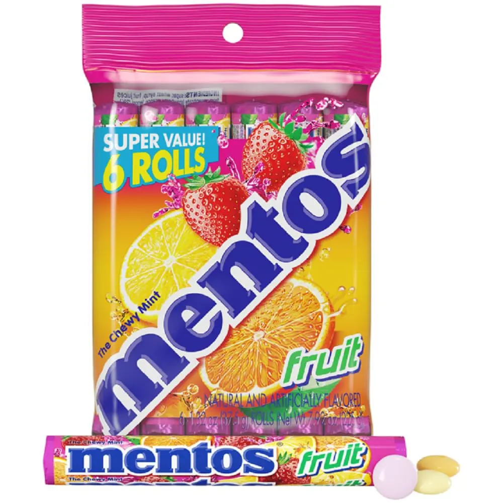 Mentos Chewy Mint Candy Roll, Fruit, 14 Pieces Per Roll, 6 Count Pack | Individually Wrapped Candy for Kids & Adults, Bulk Candy, Great for Parties, Birthdays, Holidays