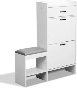 【Father's Day Gift】  Shoe Cabinet with 2 Flip Drawers,Hidden Wood Shoe Rack,Freestanding Narrow Shoes Organizer with Shoe Changing Bench,Shoe Storage Cabinet Organizer for Entryway Hallway Foyer (White with 1 Drawer)