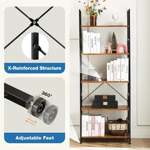 5-Tier Classical Modern Book Shelf Tall Display Shelves in Living Room Home Office Storage Organizer for CDs Books Movies Rustic Brown X-Reinforced Structure Adjustable Feet