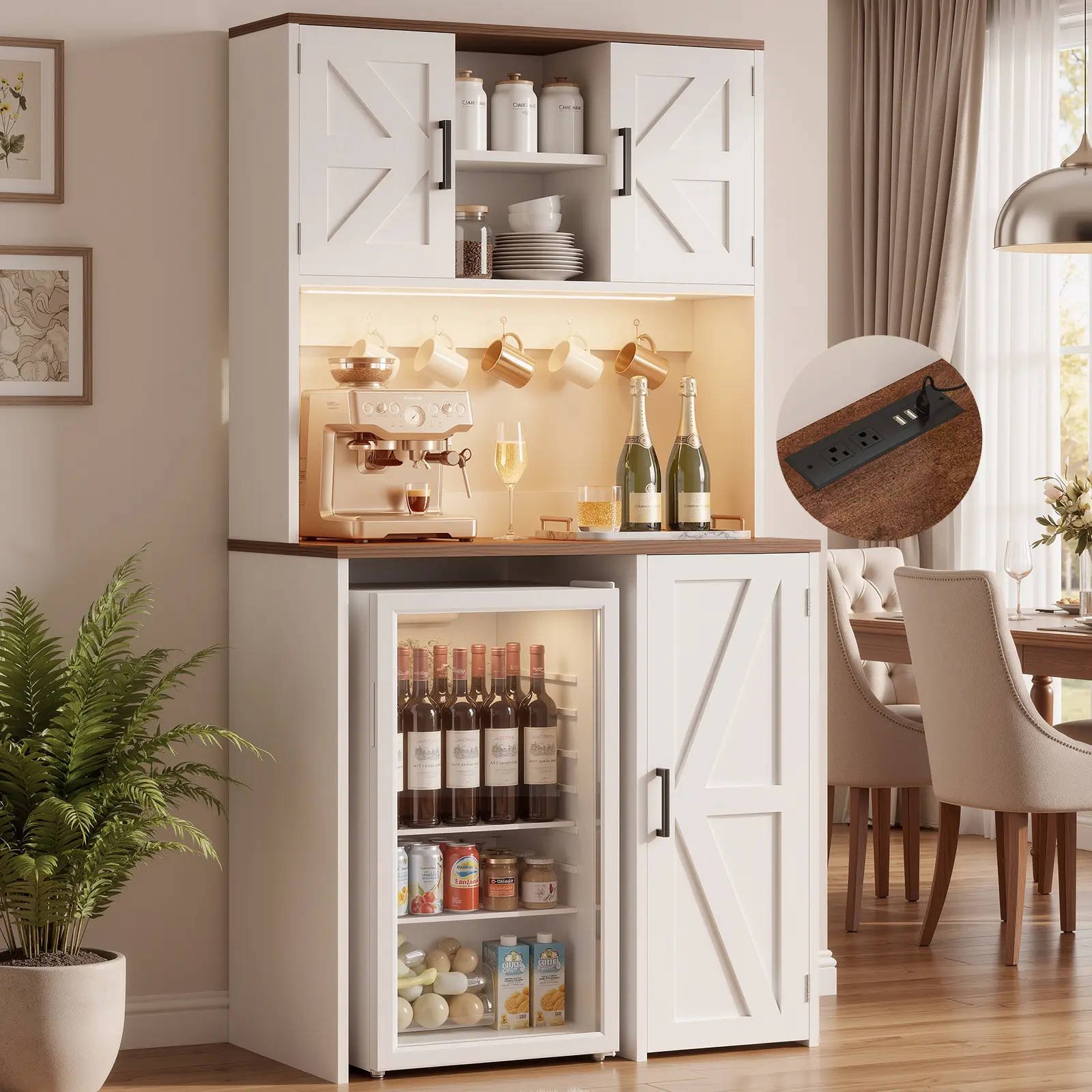 Mini Fridge Cabinet with Storage, 74" Tall Coffee Bar Cabinet with Outlet & Led Light, Liquor Wine Bar Stand with Mini Fridge Space & Microwave Shelf, Beverage Station for Kitchen Dorm Office
