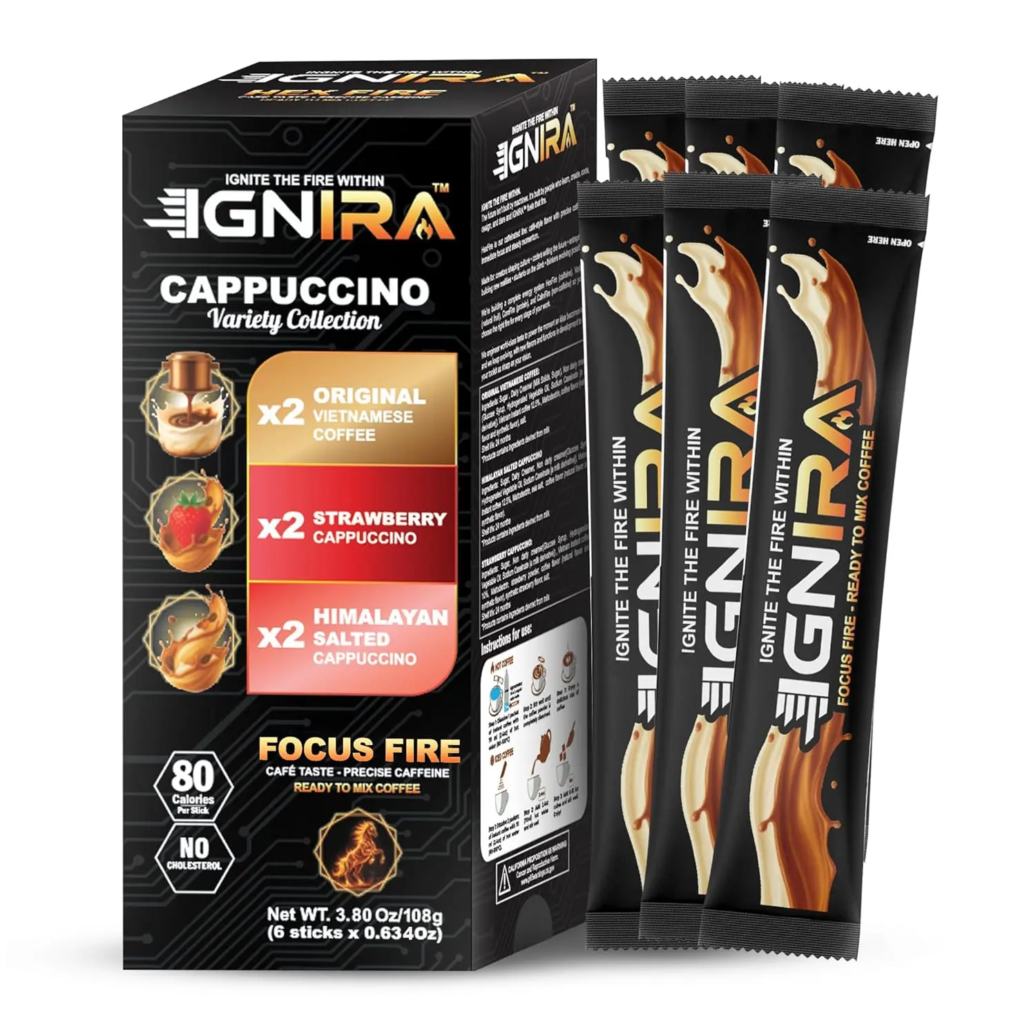 IGNIRA Cappuccino Variety Collection, Robusta Instant Coffee Mix Packets: Strawberry, Original, Himalayan Salted Smooth & Creamy, Hot or Iced Milk Coffees, No Soybeans, Café Taste, Ready-to-Mix, Focus Fire Energy, 6 Single-Serve Sticks (3.81 oz)