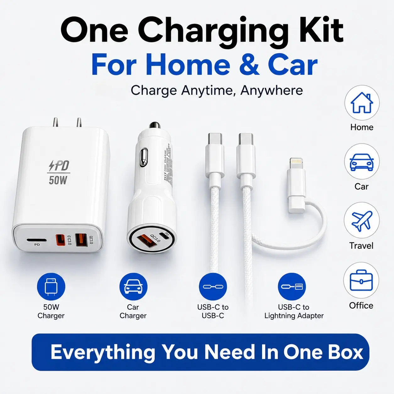 One Charging Kit for Home & Car 50W PD Charger with Car Adapter & 2-in-1 Charging Cable