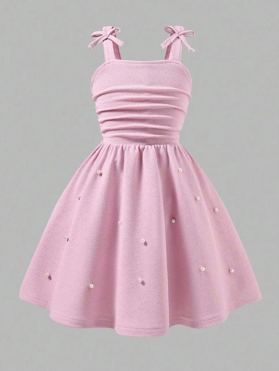 Girls Pink Spaghetti Strap Ruched Midi Dress, 3D Bow Tie Waist Summer Party Outfit