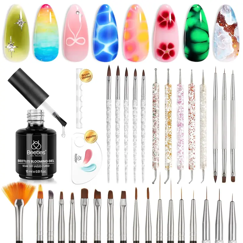 Beetles Blooming gel Manicure Set – with Nail Brush Clear Uv Led for Spreading Effect Marble Natural Stone Watercolor Floral Print Soak off Diy Nail Art Design Manicure Gift for Women mothersdaygift Spring Nail Taste of Spring Summer Nail Vacation Nail
