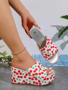 Women's Thick Sole Cherry Sandals, 9cm Heel Summer Fashion, Breathable High-Heeled Slippers, Comfortable All-Day Wear, Back-To-School, Valentine's Day, Wedding Season