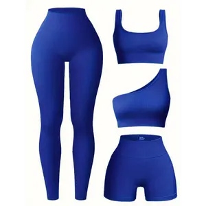 Women's 4-Piece Yoga Set Rib-Knit Sport Leggings Bra Shorts High Stretch Polyamide Activewear for Gym Outdoor Exercise Summer Sportswear Sporty Casual Seamless