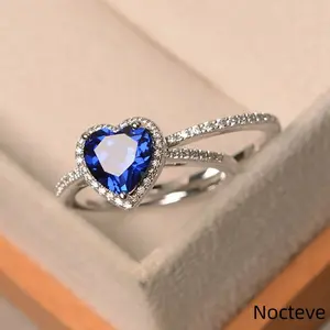 Women’s Minimal Heart Two-Piece Simulated Blue CZ Base Alloy Ring Set, Simple Romantic Daily Stack Jewelry Date Gathering & Sweet Gentle Feminine Lady Holiday Gift Wear
