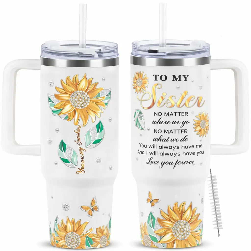 To My Sister Tumbler 40oz with Handle - Sunflower Pearl Design Birthday Gift for Sister - Inspirational Love You Forever Stainless Steel Insulated Travel Mug with Straw & Lid - Soul Sister Reusable Water Bottle Large Coffee Cup for Her