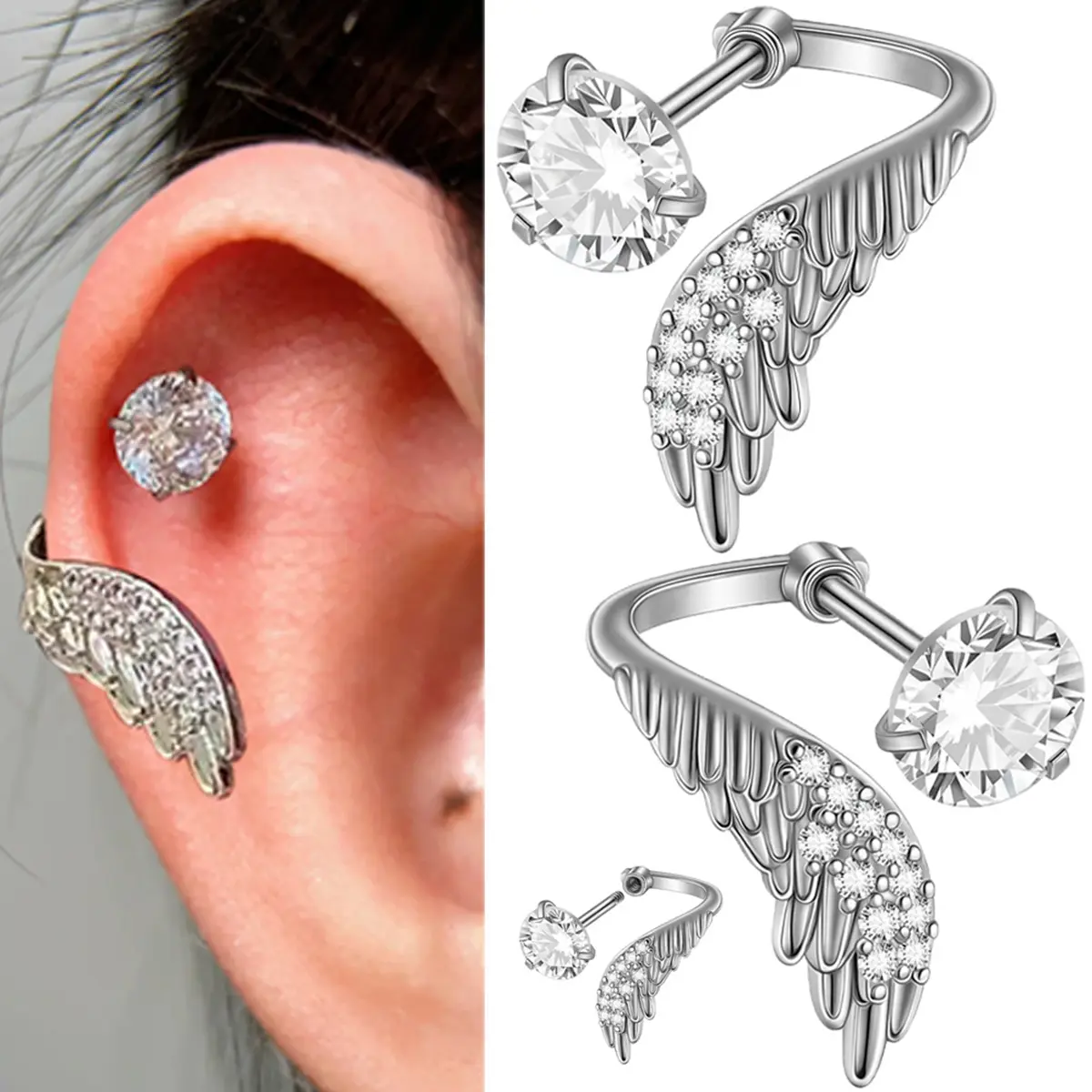 Cubic Zirconia Earrings, Unisex Angel Wing Cartilage Stud, Metal Coated Hip-Hop Piercing with Secure Screw-Back, Men’s Earrings