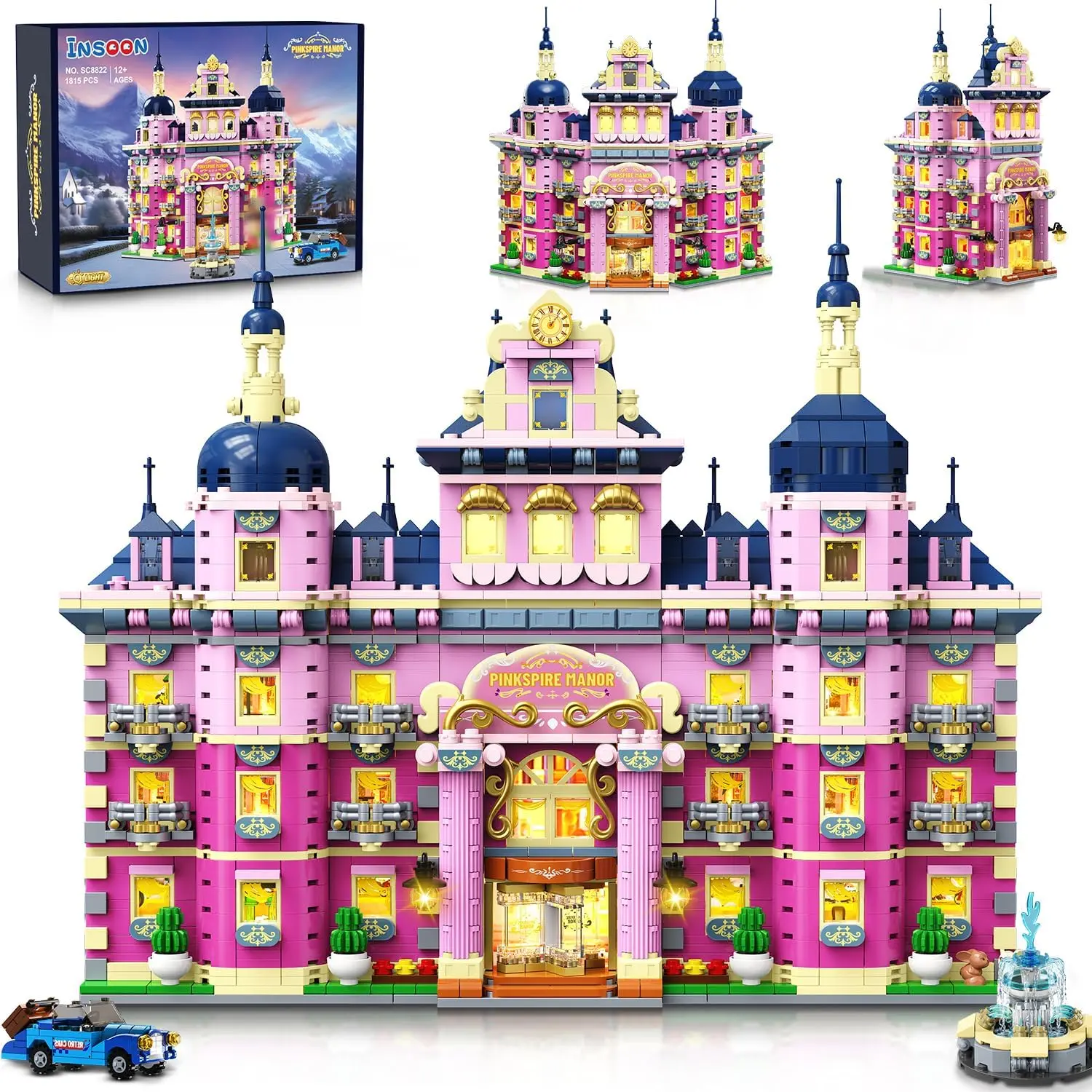 1815-Piece Pink Estate House Brick Building Blocks Set with Lights, 3-Style Pinkspire Construction Model, Car & Fountain, Friends Villa Castle Kit for Home Decor, Gift for Kids 8-12+ & Adults