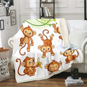 Feelyou Cute Monkeys Print Sherpa Fleece Blanket - Soft Cozy Wild Animal Pattern Plush Fuzzy Blanket for Home Bedroom Decor with Cartoon Monkey Banana Accents, Soft Cozy Blanket