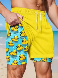 Men's 2‑in‑1 Quick Dry Beach Shorts, Pink Outer Layer Cute Yellow Rubber Duck Water Print Inner Drawstring Casual Summer Swim Bottoms