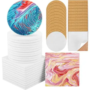 24 Pack 4 Inch Unglazed White Ceramic Tiles with 24 Cork Backing Pads Includes Square and Round Blanks for DIY Arts Craft Project Coasters