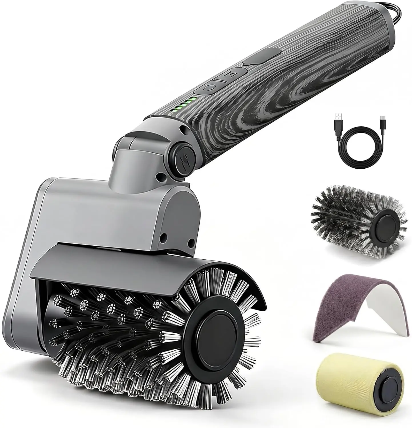 3-in-1 Cordless Electric BBQ Grill Brush Kit - 450 rpm Motor Cleaner, Reinforced Steel Wire Bristles, Swappable Heads, 2-Hour Runtime, Waterproof Dishwasher-Safe Removable Brushes (Black Wood Coating), Steel Bristles