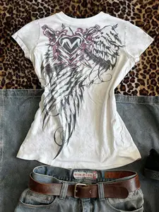 Women's Short Sleeve Round Neck Vintage Pattern Fitted T-Shirt, Comfortable Lightweight Fashion Casual Streetwear Summer Top, Outdoor Travel Campus Daily Wear