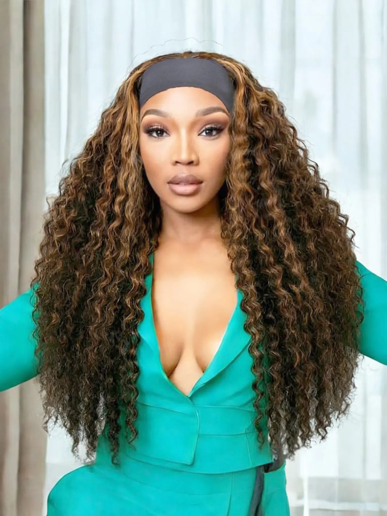 Ombre Headband Wig Synthetic Hair Deep Wave 4/27 Highlight Curly Wigs, Synthetic Wavy Wig, 24 Inch Glueless Hair for Women, Easy Wear and Go, Synthetic Material Wigs