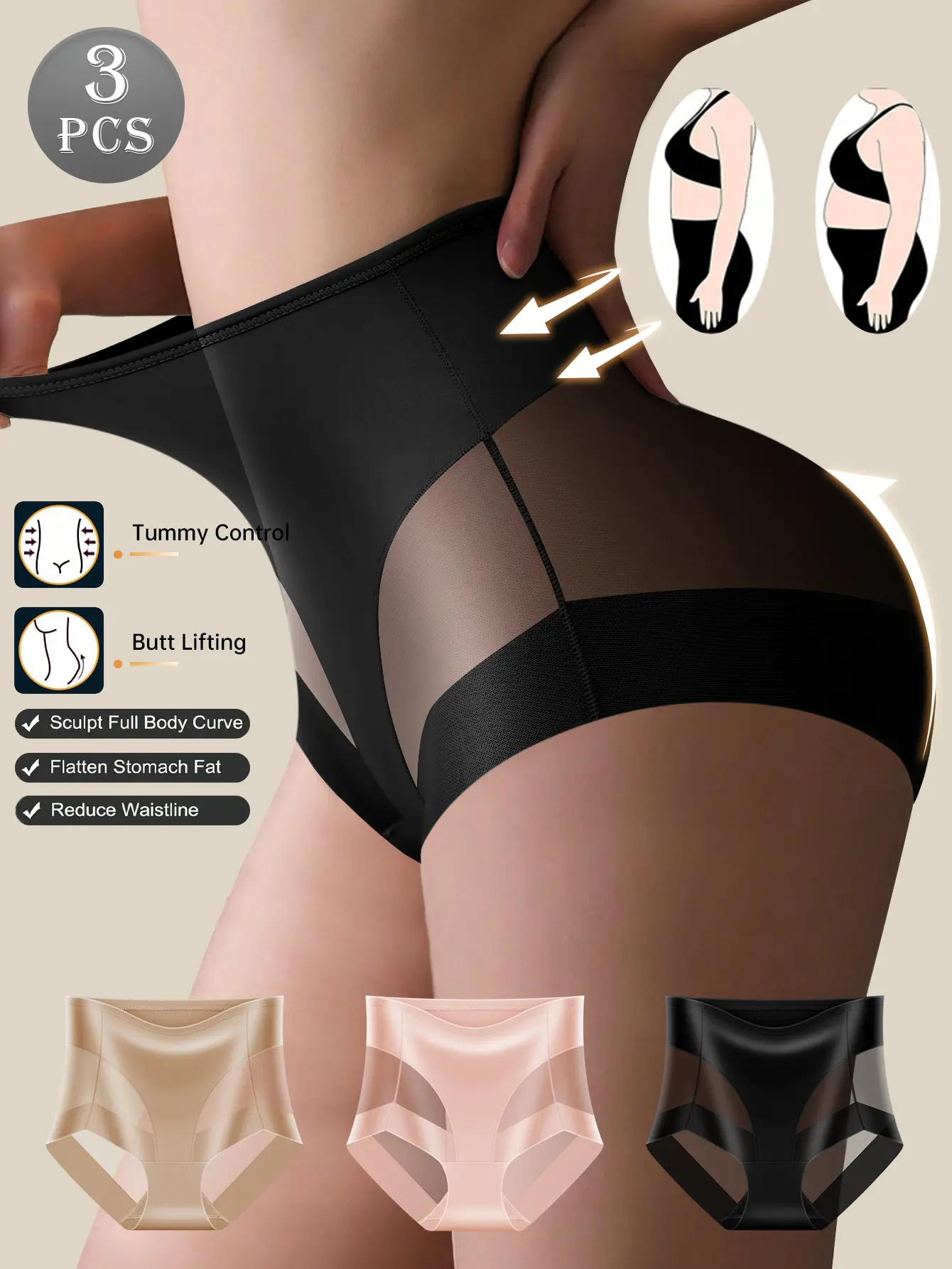 QUASTI Women's 3PCS Mid-Rise Thongs Mesh Splicing Contrast, Ice Silk Fabric, Smooth Soft Comfortable, Hip-Lifting Elastic, Fit Lady, Minimalist Basic, Mix Colors, S-XXL, Homecoming Season Gift