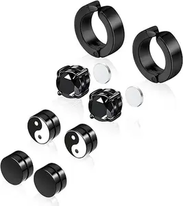 Men's Earrings Magnetic Studs Set, 4 Pairs Accessories for Men, Earring Stack Titanium Screw Back Fake Piercing, Black Flat Back Hypoallergenic Earrings for Women & Men