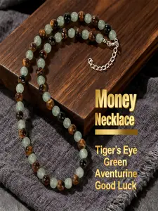 Money Drawing Tiger's Eye & Green Aventurine Necklace, Good Luck Wealth Protection Beaded Necklace, Natural Stone Healing Crystal Choker, Prosperity Abundance Spiritual Jewelry for Women Men Adjustable Chain