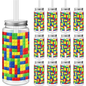 Skylety 12 Pcs Building Blocks Plastic Cups for Party with Straw and Lid 13.5 oz Reusable Tumbler Cups Colorful Clear Drink Bottles Containers for Juices Beverage Birthday Party Decorations Supplies
