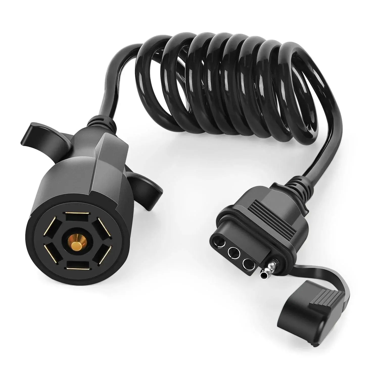 Nilight 5ft 7-Way to 4-Way Coiled Vehicle Trailer Extension Wiring Harness, PVC Coated, Long Flexible Cable Sleeves, Power Transfer Support, Includes Manual Tail Truck Guide, 1 X 7 Way Blade