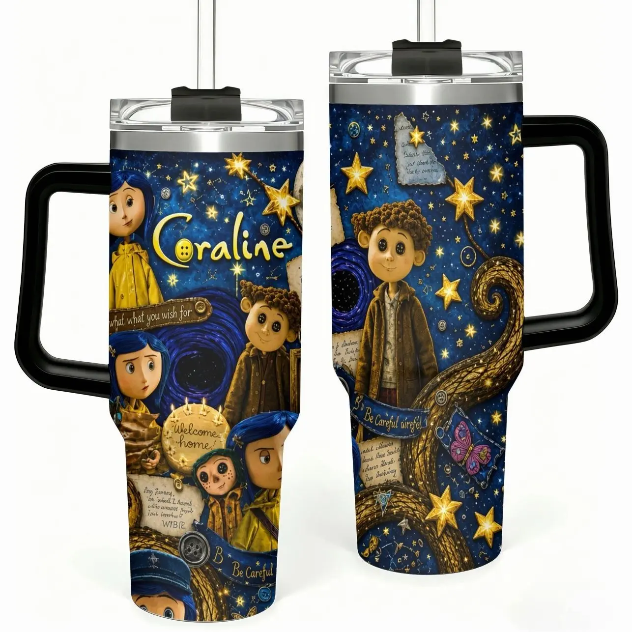 Coraline Other World 40oz Tumbler, Button Eyes Spooky Insulated Mug with Handle, Collector Edition, Gothic Aesthetic Gift
