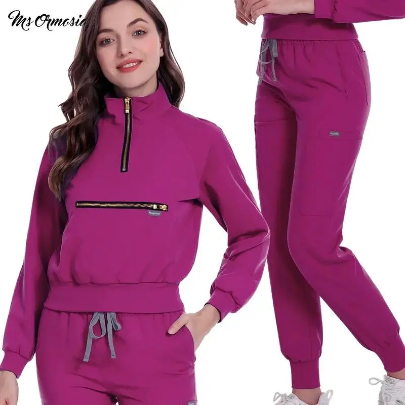 Women's 2-Piece Workwear Set - Breathable Soft Light Blue Uniform with Short/Long-Sleeved Pocket Top & Pants, Sports Coat Modest Athleisure Sports Outerwear for Work, Sports Coat Modest Athleisure Women's