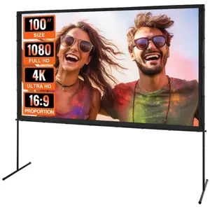 Projector Screen with Stand, 100 inch 16: 9 4K 1080 HD Outdoor Movie Screen with Stand, Wrinkle-Free Projection Screen with Bar Feet and Carry Bag, for Home Theater Cinema Backyard Movie Night