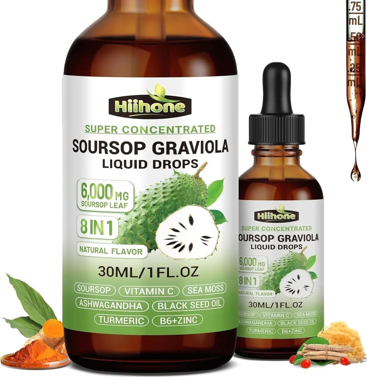 (2 Pack) 8 in 1 Graviola Soursop Leaf Extract Liquid - Soursop Bitters Liquid with Sea Moss, Ashwagandha and Turmeric, for Immune & Liver, Zzz & Antioxidant & Cell Support,1 Fl Oz