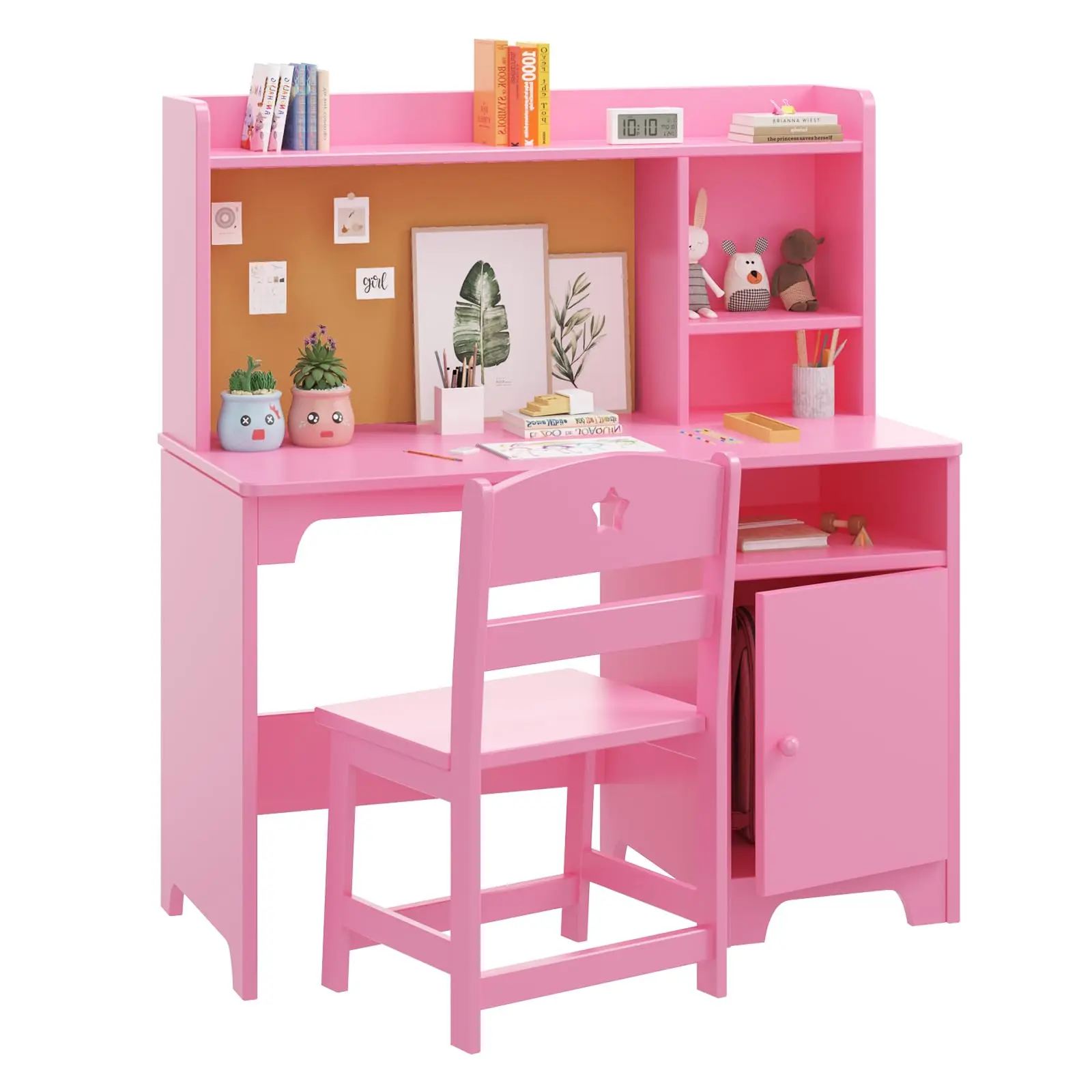 Garvee Wooden Study Desk with Chair, Hutch, and Storage Cabinet for Children Ages 3-12, Ideal for Study, Writing, and Computer Workstation in Bedroom