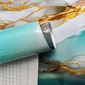 1-piece Set of Green Gold-plated Marble Pattern Self-adhesive Wallpaper with Geometric Pattern KTV Background Wall Bedroom Kitchen Dining Room Sticker Kitchen Anti Fouling and Waterproof Sticker Kitchen Renovation Sticker PVC Wallpaper