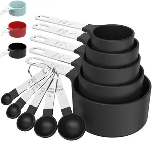 Measuring Cups & Spoons Set Stackable Cups and Spoons Nesting Measure Cups with Stainless Steel Handle Kitchen Gadgets for Cooking & Baking Black