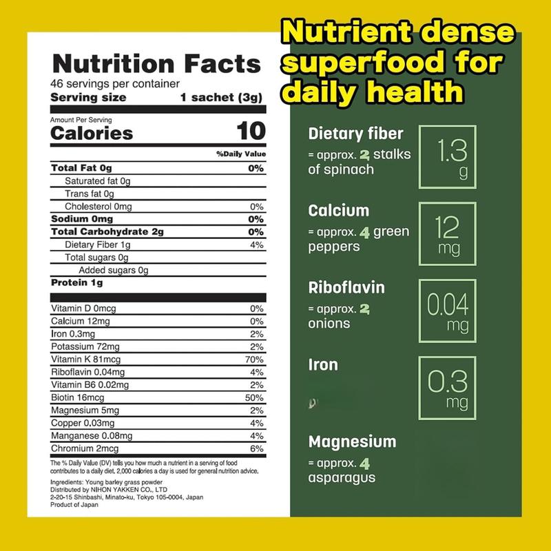 Kin no Aojiru - 100% Young Barley Grass Juice Powder with Rich Dietary Fiber, Ready-to-Use Packets × 46pcs, Vegan, Non-GMO, Gluten Free
