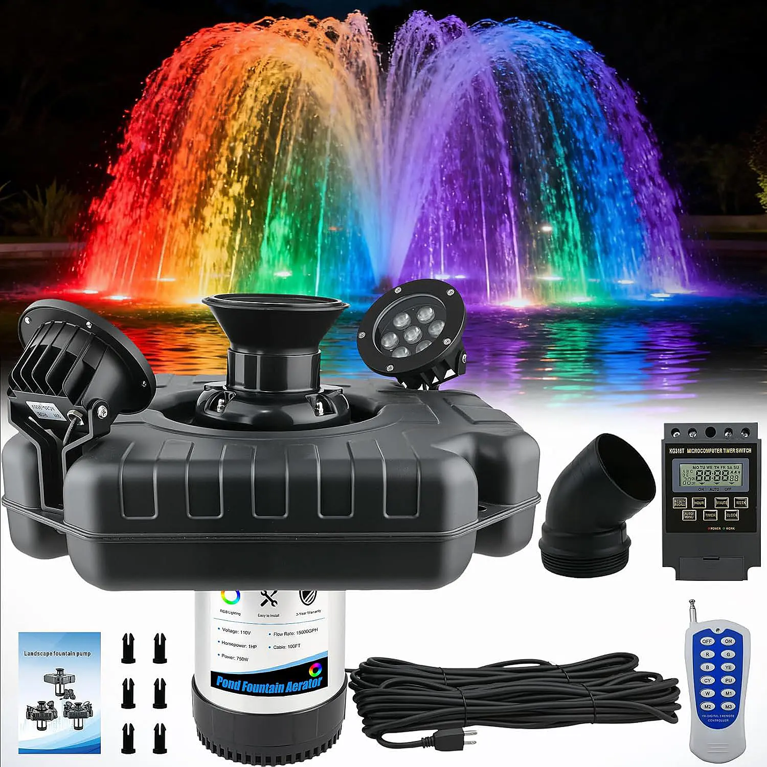 1HP 750W Floating Setup Pond Fountain Aerator with RGB LED Lighting, 110V 15000 GPH Fully Automatic Stainless Steel Water Circulation Pump, 2 Lights, 100ft Power Cord for Outdoor Lake Ponds, Rgb Lighting