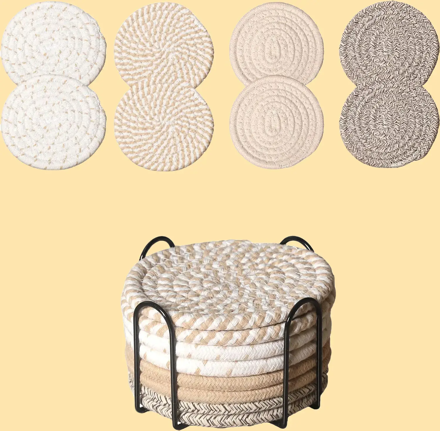 Drink Coasters Set of 8 with Holder, Cotton Woven | Absorbent cotton woven coasters in 4 colors for coffee and beer. Provides reliable tabletop protection against water rings.