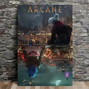 1pc Frameless Arcane Anime Canvas Poster 30.48x45.72 cm - Vibrant Fantasy Battle Scene with Dual Cityscape & Characters, Dramatic Nighttime Lighting, Soft Canvas Wall Art for Bedroom, Living Room, Hallway Decor, Bedroom Artwork, Highquality Print