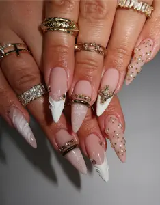 Freestyle Luxury 3D Pearl & Gold Cross Press On Nails with 3D Pearl Gold Cross | Handmade Wedding, Gothic, Prom, and Birthday Nail Art