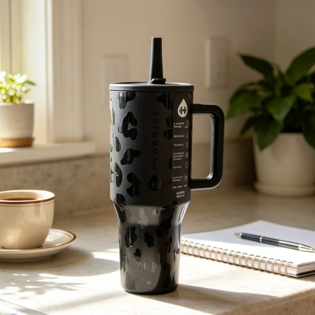 HydroJug 40oz Black Leopard Print Handle Tumbler - Stylish Edgy Baddie Style, Leakproof Insulated Vacuum Daily Carry Drinkware for Car & Commute Use, Daily Carry Tumbler